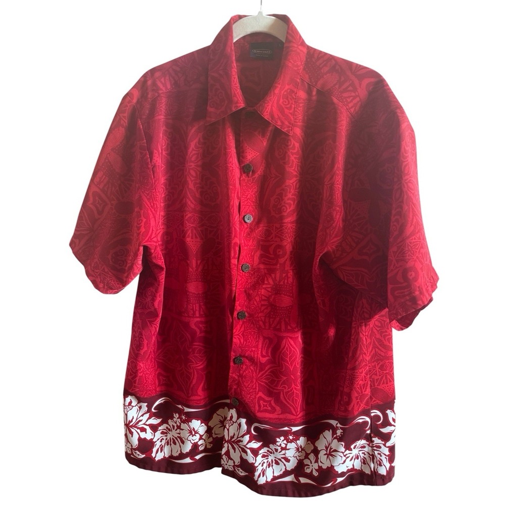 Vintage Sideout Red Men's Sz Large Hawaiian Shirt White Hibiscus Hem Border Y2K